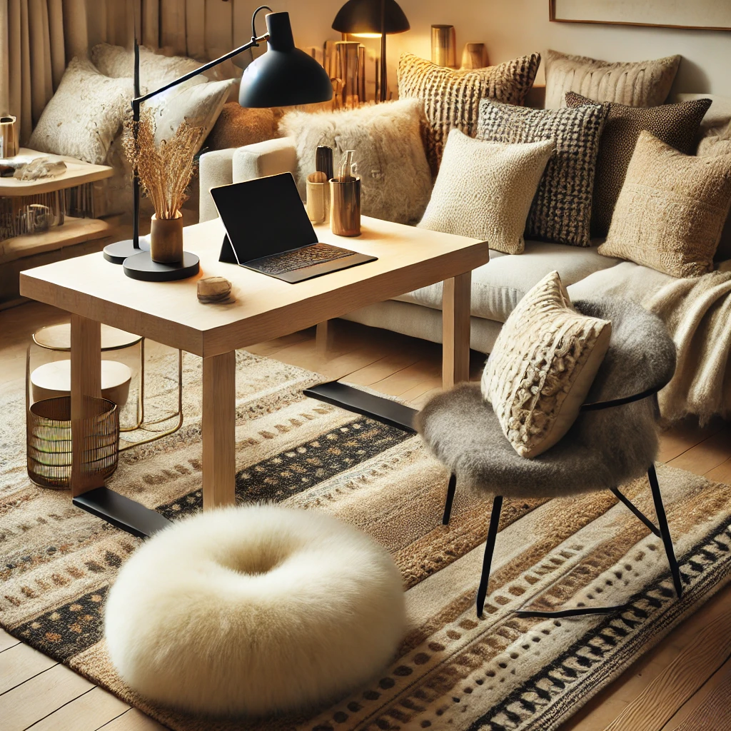 Come creare un angolo smart working nel soggiorno Angolo smart working con scrivania in legno naturale e tappeto morbido