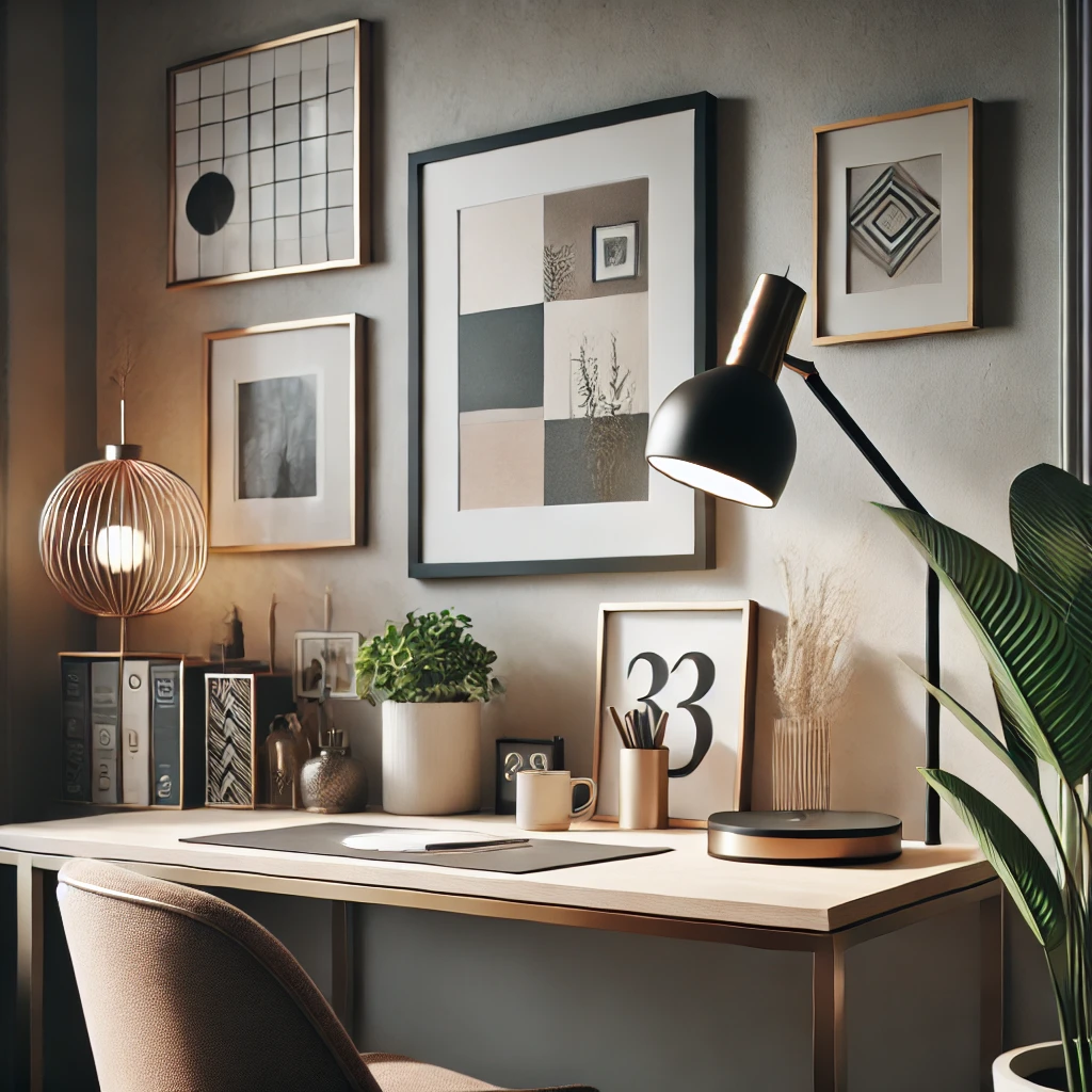 Come creare un angolo smart working nel soggiorno Lampada da tavolo di design su una scrivania con piante e decorazioni moderne