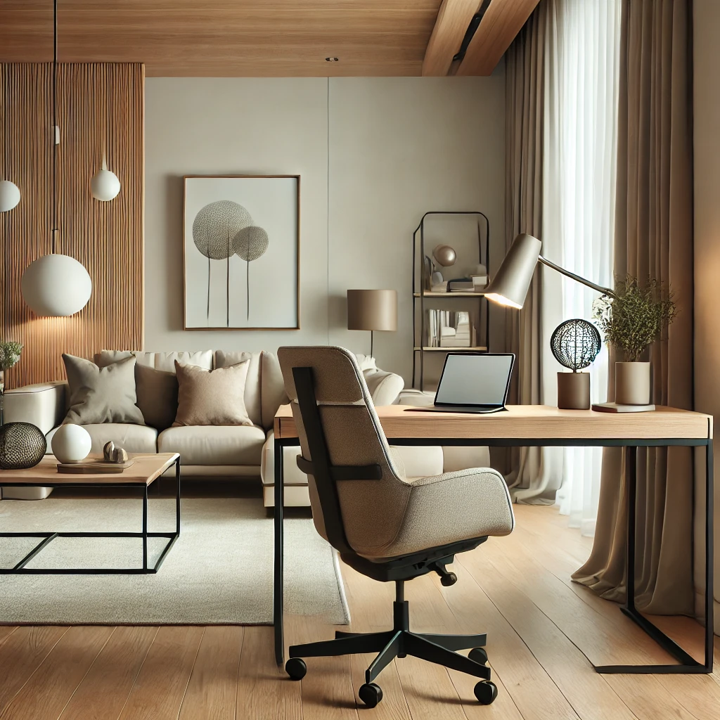 Come creare un angolo smart working nel soggiorno Scrivania minimalista con sedia di design in un soggiorno openspace moderno