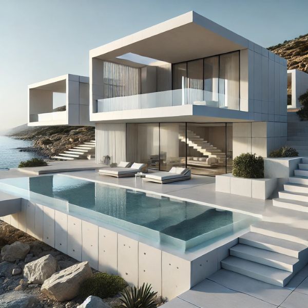 rendering panoramico della villa minimalista in grecia