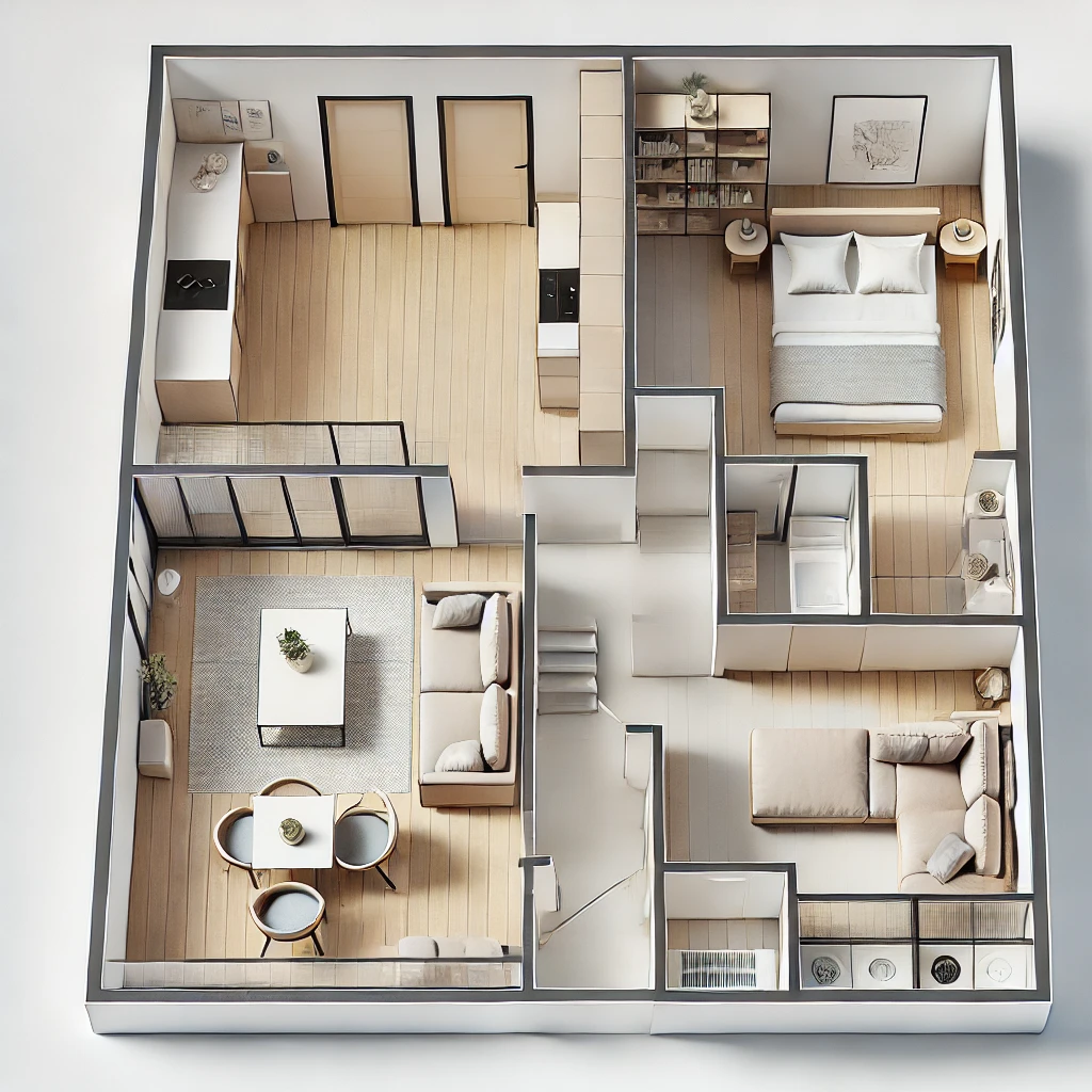 rendering di un progetto casa 100 mq open space