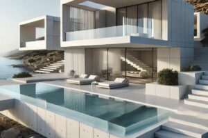 rendering panoramico del progetto di villa minimalista in grecia