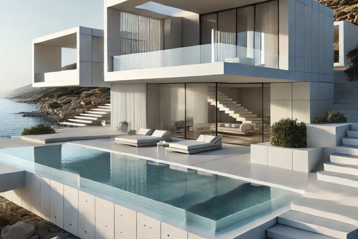 rendering panoramico del progetto di villa minimalista in grecia