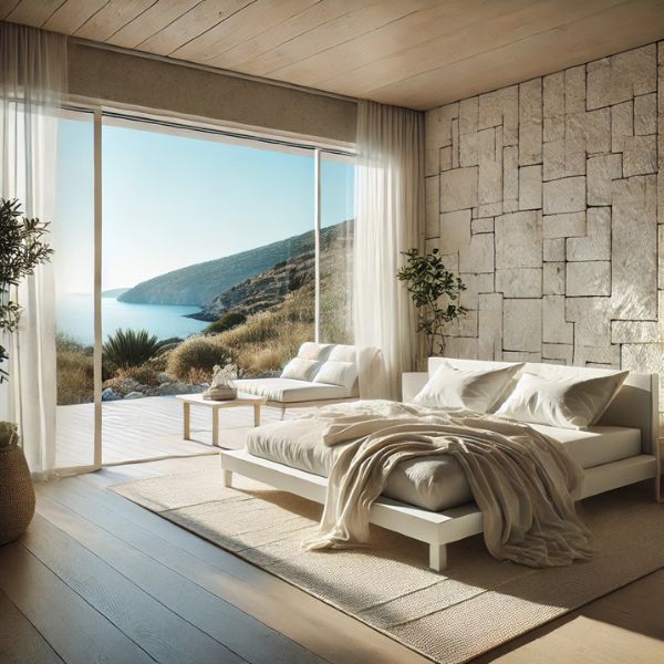 Concept di villa minimalista in Grecia: bianco, pietra e design contemporaneo