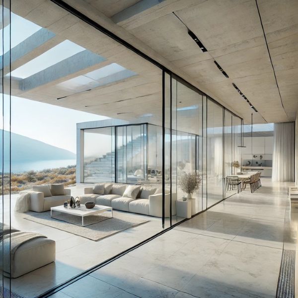 Concept di villa minimalista in Grecia: bianco, pietra e design contemporaneo