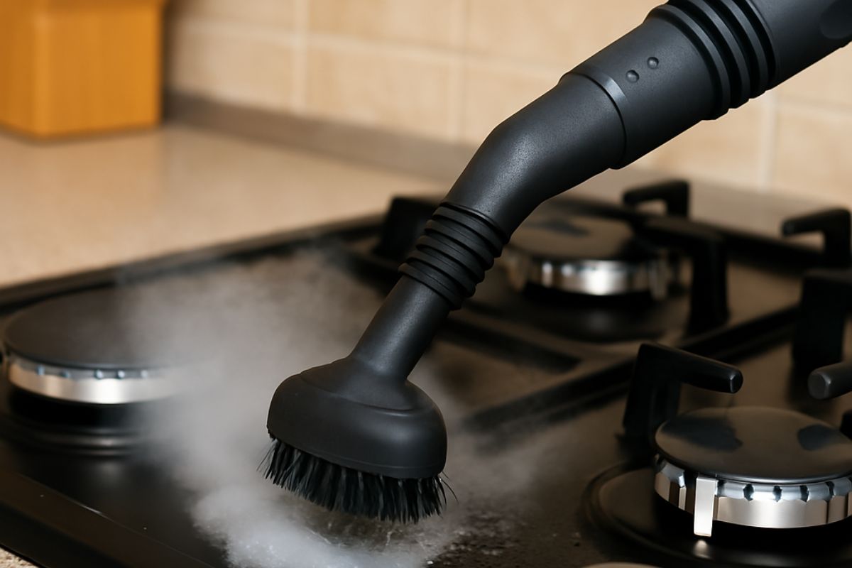 vaporetto su piano cottura per pulizia cucina con vapore