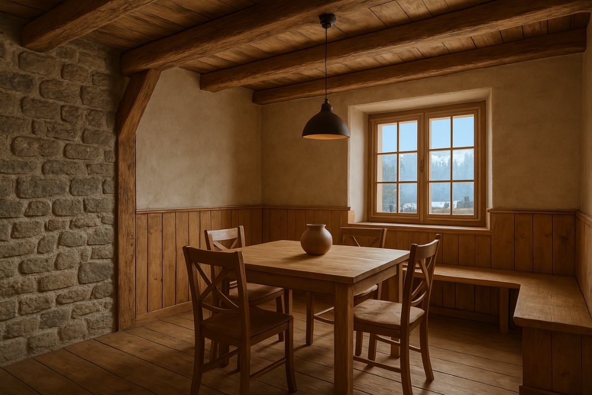 sala da pranzo con pietre a vista e finestra panoramica