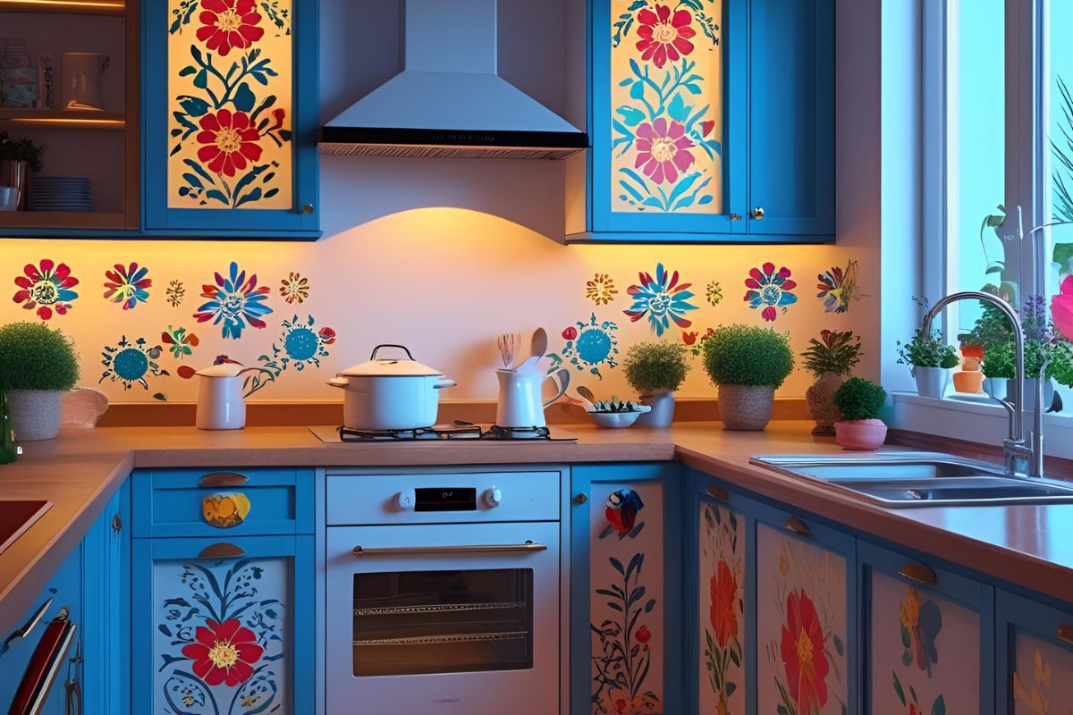 stencil decorativo ad oggetto floreale in cucina